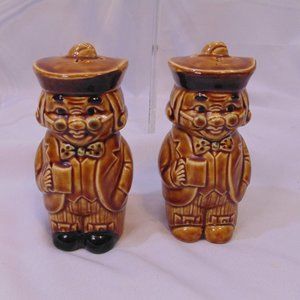 Vintage Japan Colonial Man Salt & Pepper Shakers Brown Ceramic Bow Tie Glasses